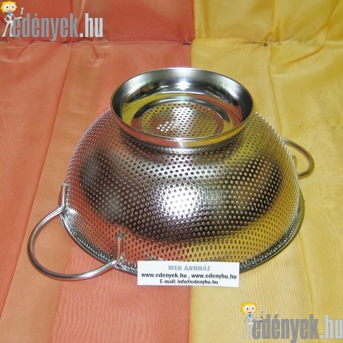 Rozsdamentes talpas gyümölcsmosó, tésztaszűrő kosár 22 cm